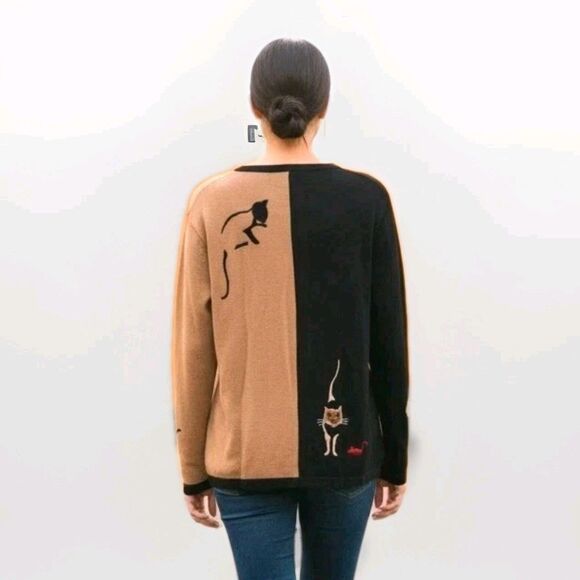 Cat Lover Knit Cardigan & Scarf Set Applique Embroidery | Black Tan | Size M... - Picture 4 of 16